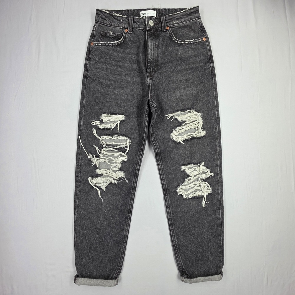 Zara Black Distressed Mom Jeans High Waisted Ripped Denim Size 4 26 0433